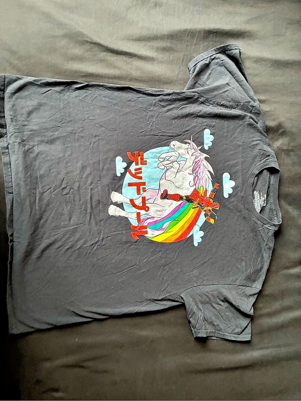 Marvel Deadpool Riding a Unicorn Graphic T-Shirt Tee Black XL
